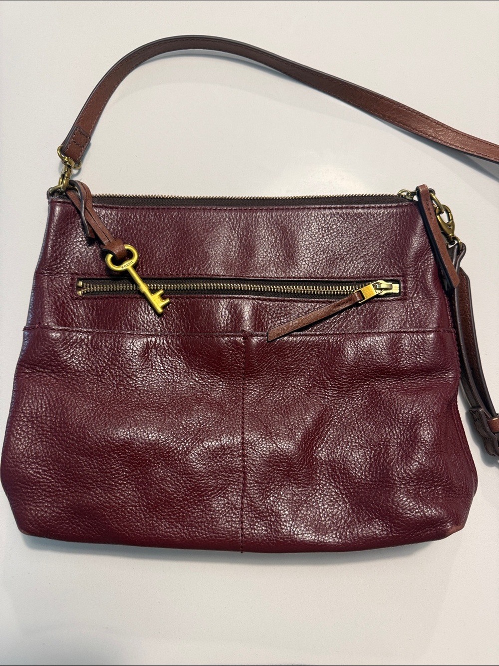 Fossil Leather Crossbody Bag with Key Charm - Burgundy
